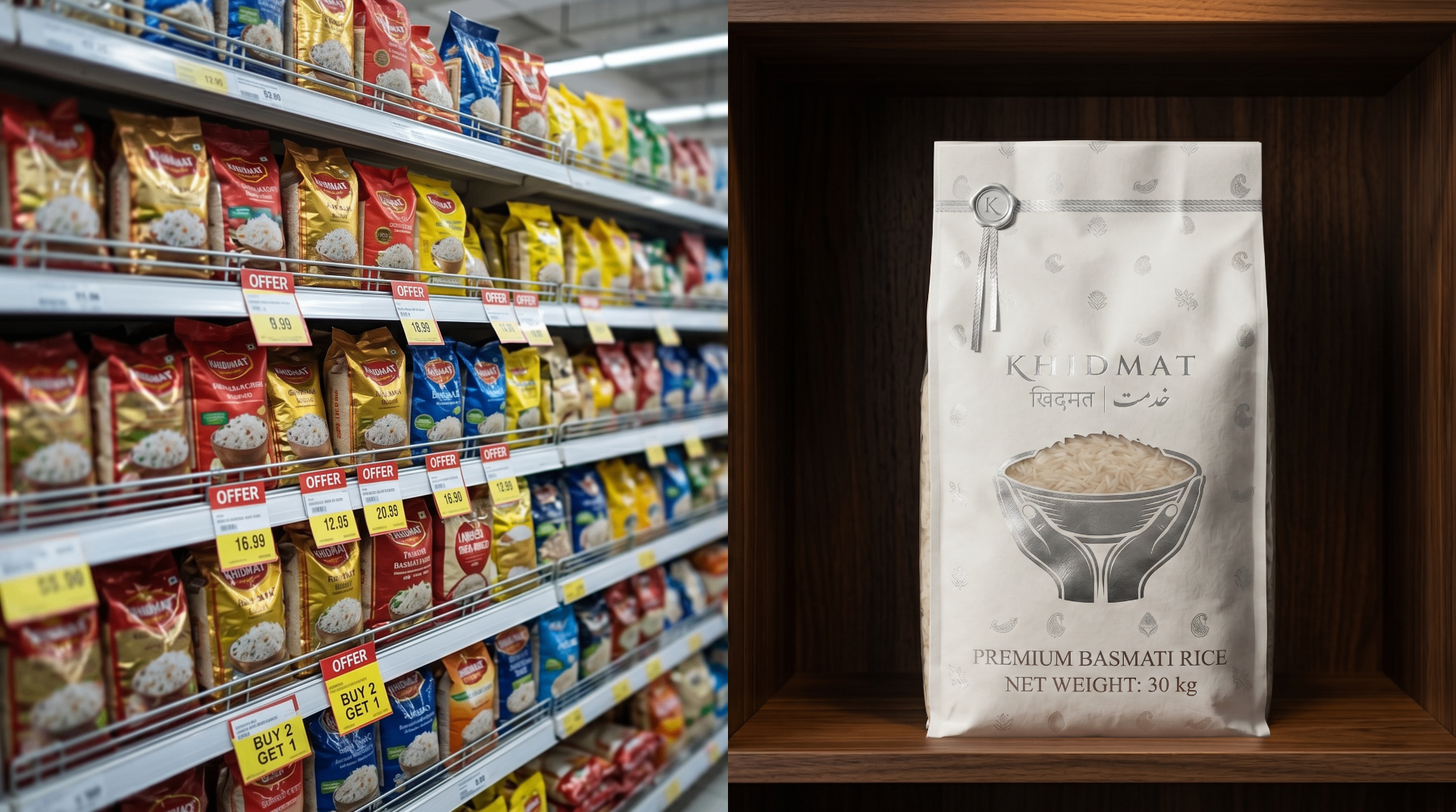 Khidmat basmati retail pack beside discounted commodity rice on a shelf