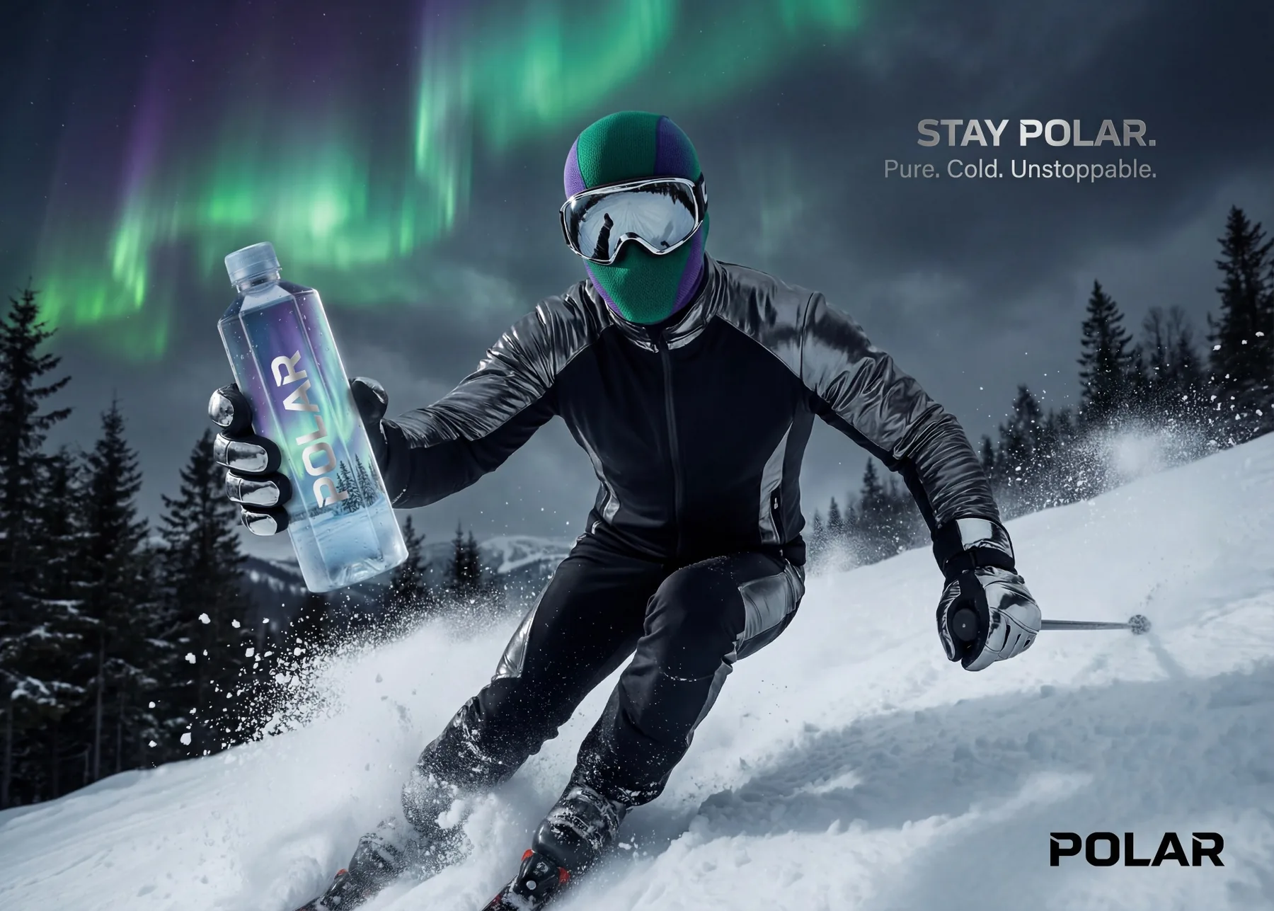 Stay Polar, athlete on a night descent with Polar bottle in hand